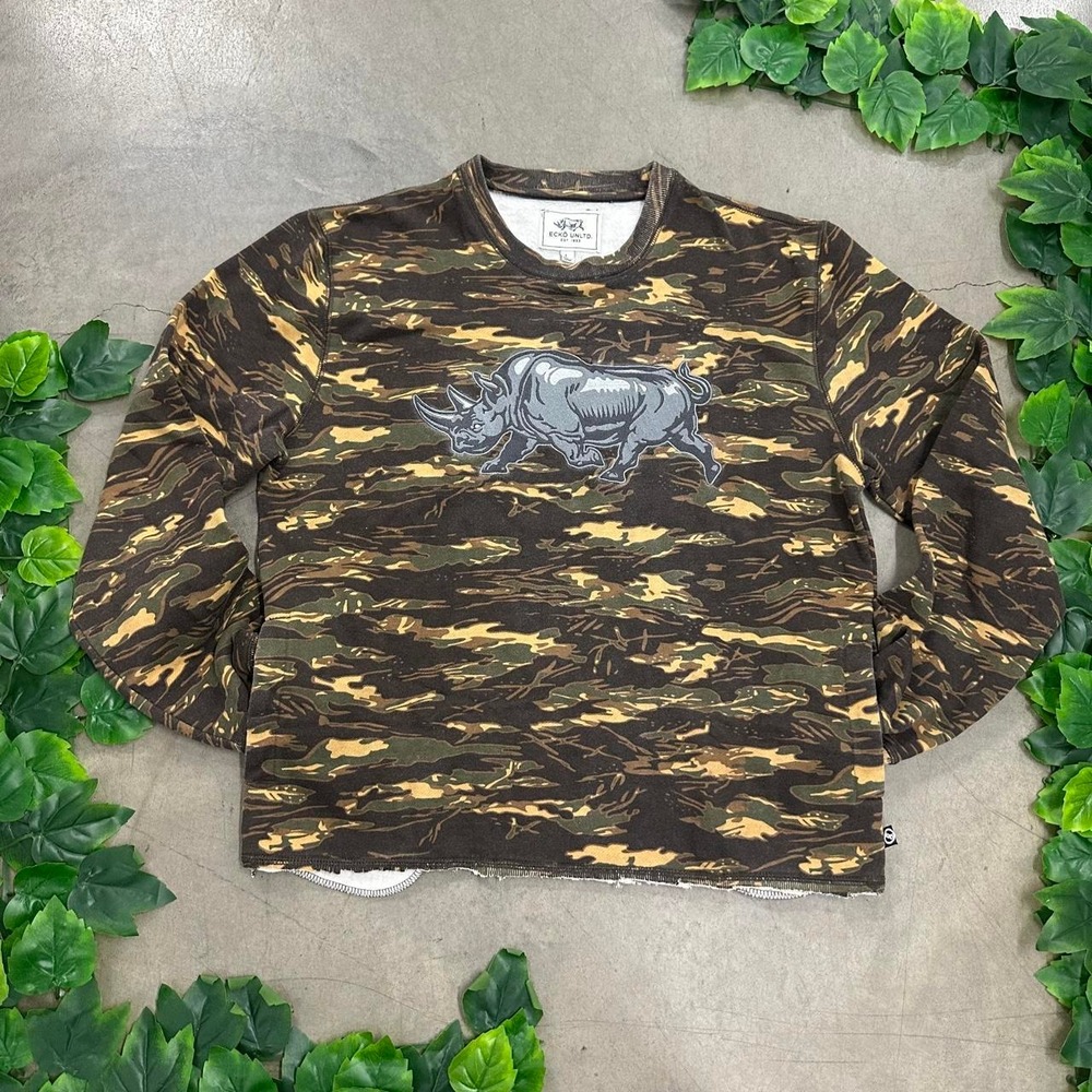 Ecko Unltd Tiger Camo Rhino Graphic Distressed Long Sleeve Shirt
